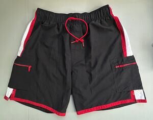 Men’s First Wave Swim Trunks Black Red Cargo Pockets Mesh Lined Drawstring Sz L